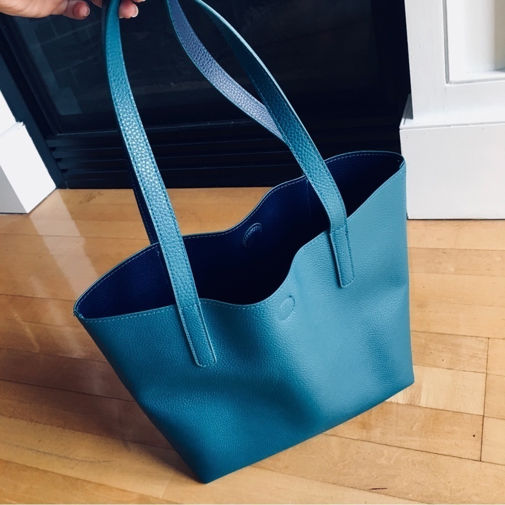 Two Tone Faux Pebble Leather Vegan Tote Bag, Navy Blue, Teal Blue